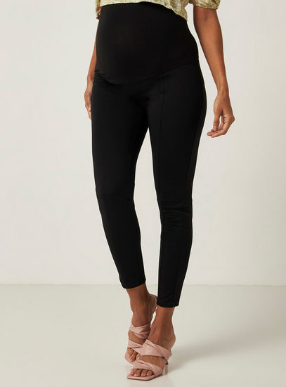 Solid Mid-Rise Maternity Leggings with Elasticated Waistband-Jeans, Pants & Leggings-image-0