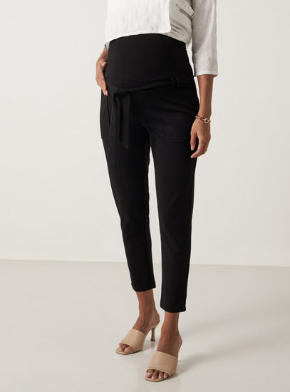 Solid Maternity Pants with Tie-Up Detail and Pockets-Jeans, Pants & Leggings-image-0