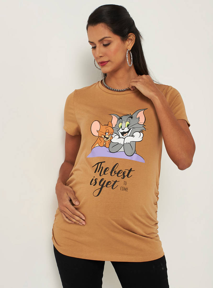 Tom and Jerry Print Maternity T-shirt with Round Neck and Short Sleeves-Tops & T-shirts-image-0