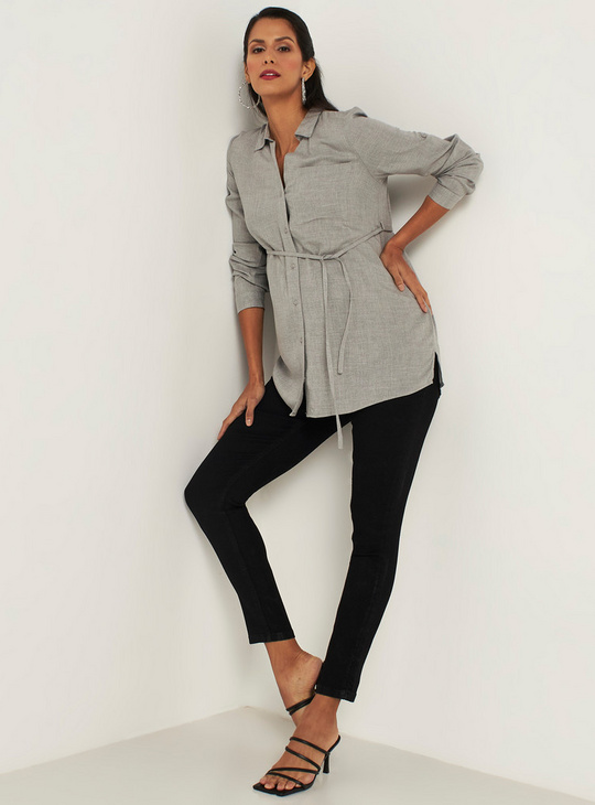 Solid Maternity Shirt with Long Sleeves and Tie-Up Detail