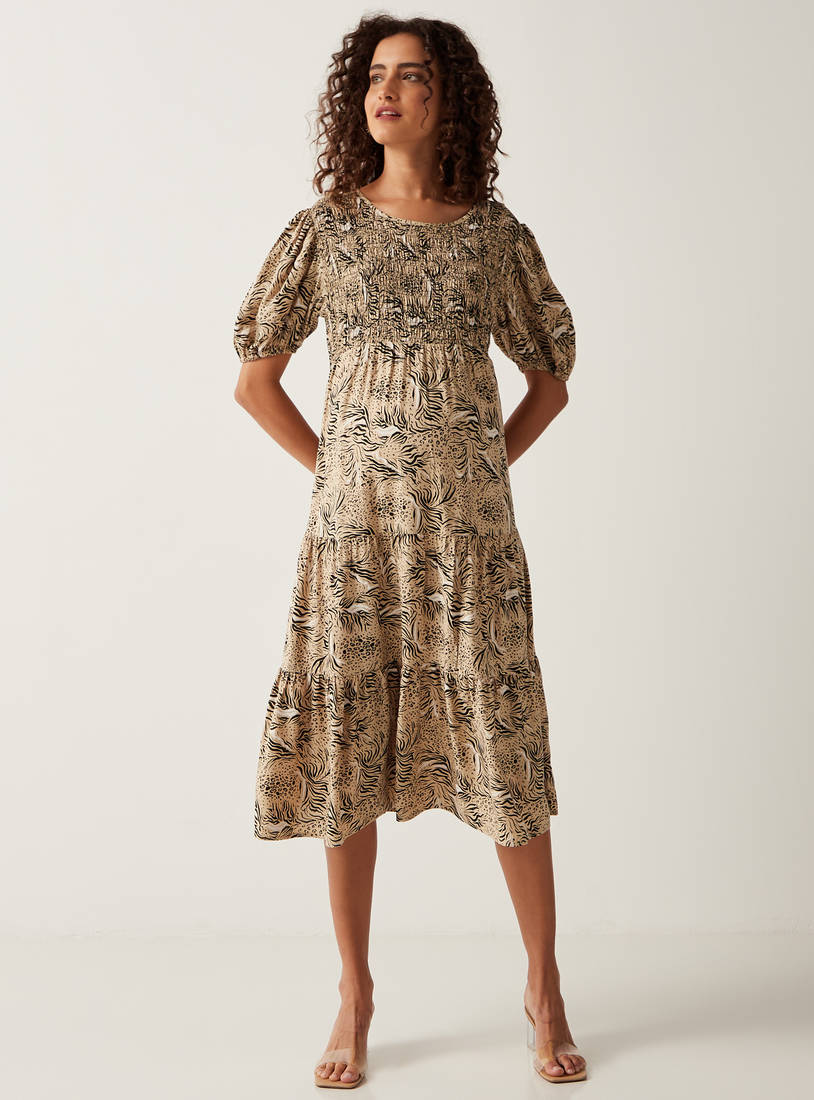 Printed Maternity Tiered Dress with Shirred Detail and Puff Sleeves-Midi-image-0