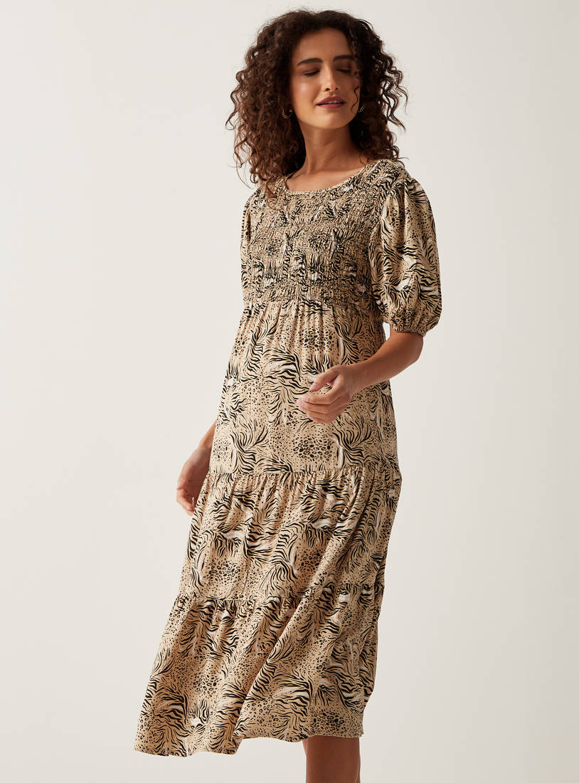 Printed Maternity Tiered Dress with Shirred Detail and Puff Sleeves-Midi-image-1