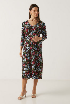 All Over Floral Print Maternity Midi Dress with V-neck and Long Sleeves-mxwomen-clothing-maternityclothing-dressesandjumpsuits-midi-2