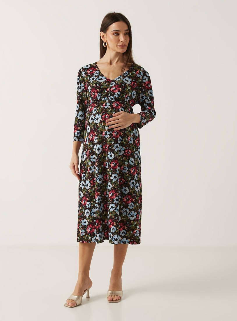 All Over Floral Print Maternity Midi Dress with V-neck and Long Sleeves-Midi-image-0