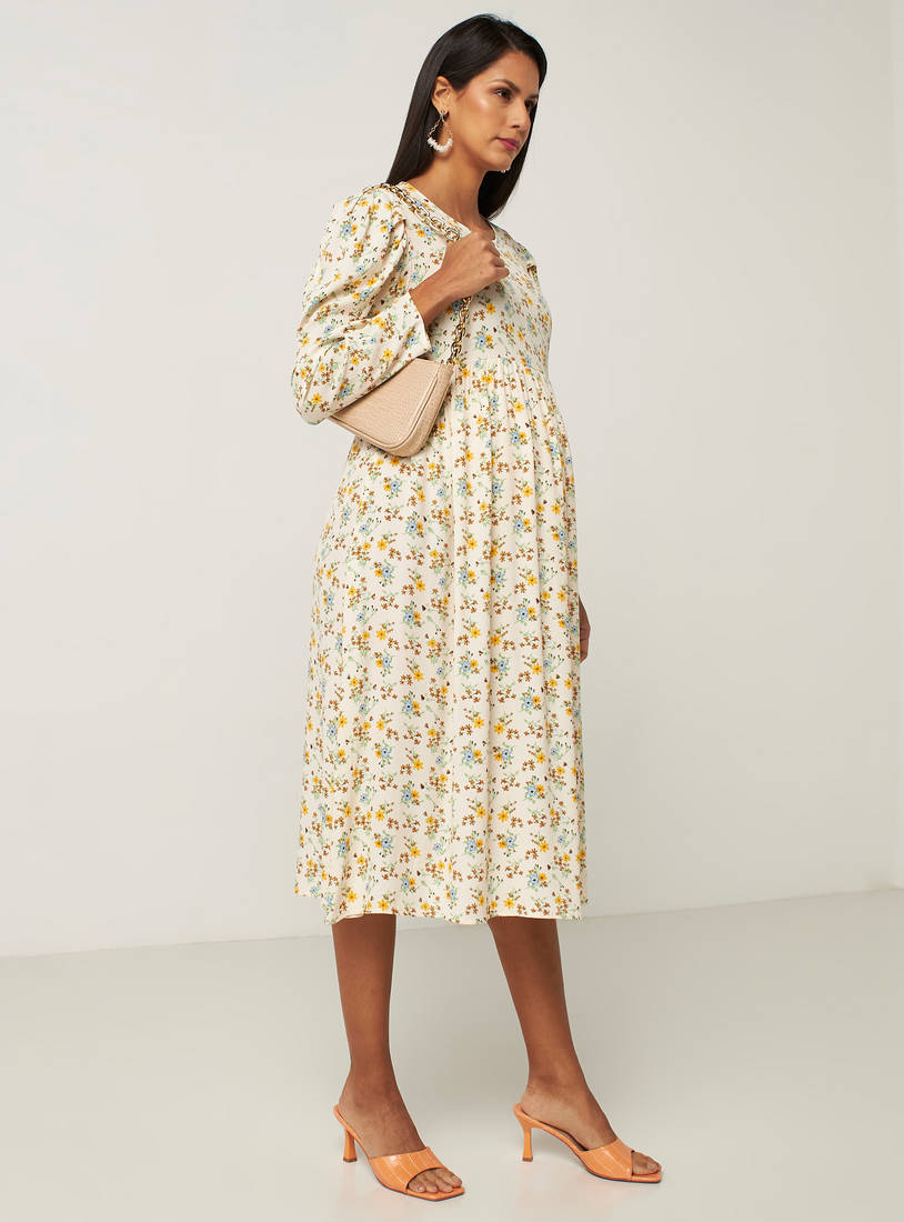 All Over Floral Print Midi Maternity Dress with Round Neck and Long Sleeves-Knee-image-0