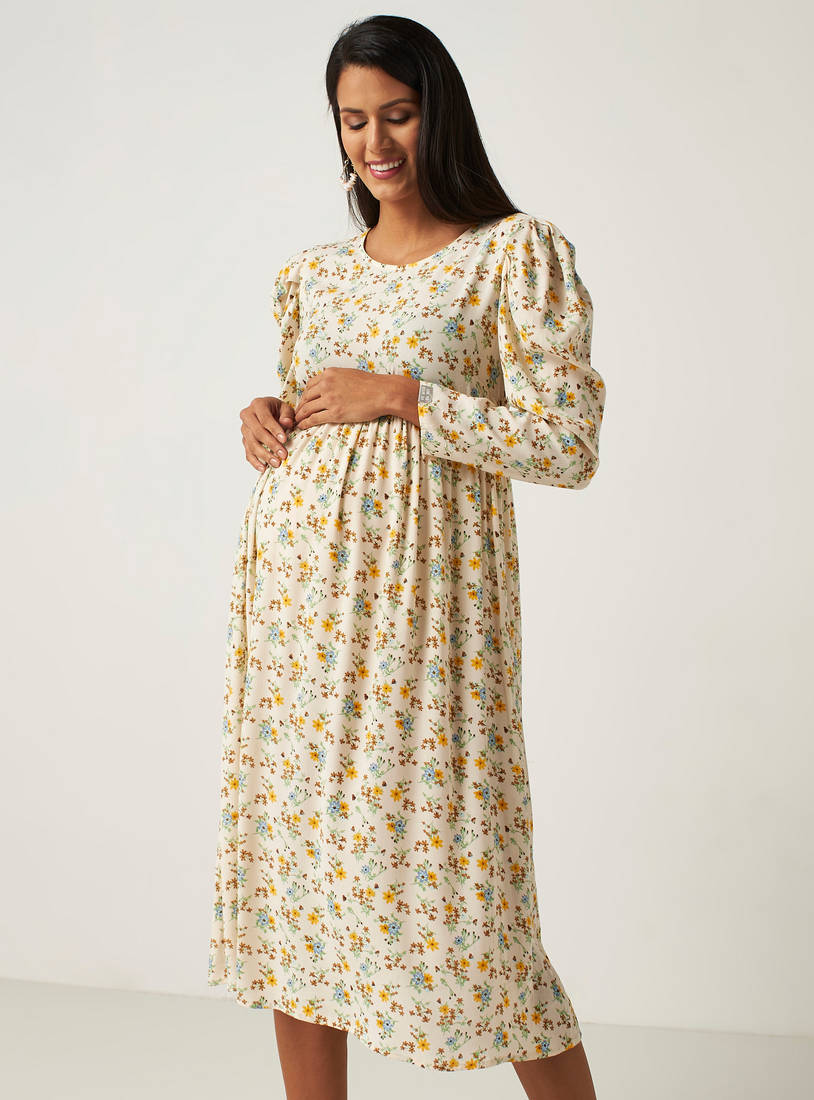 All Over Floral Print Midi Maternity Dress with Round Neck and Long Sleeves-Knee-image-1