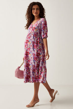 Floral Print V-neck Midi Maternity Dress with 3/4 Sleeves