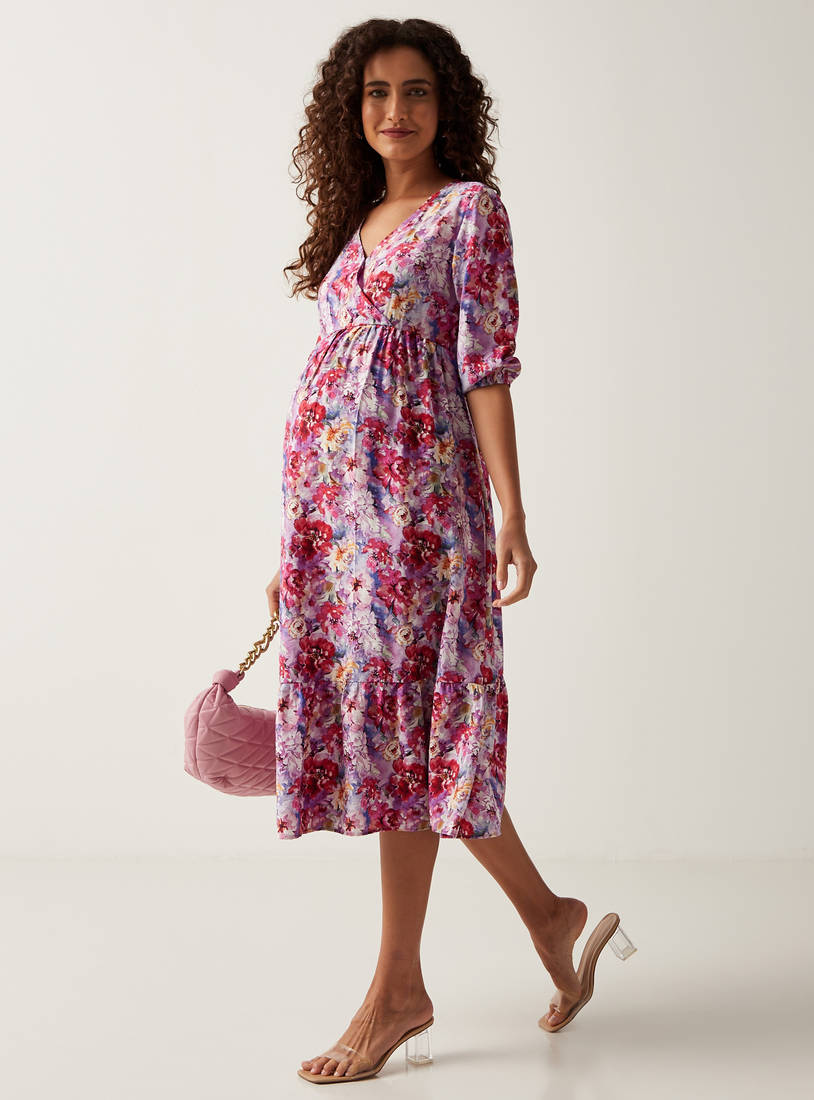Floral Print V-neck Midi Maternity Dress with 3/4 Sleeves-Midi-image-0