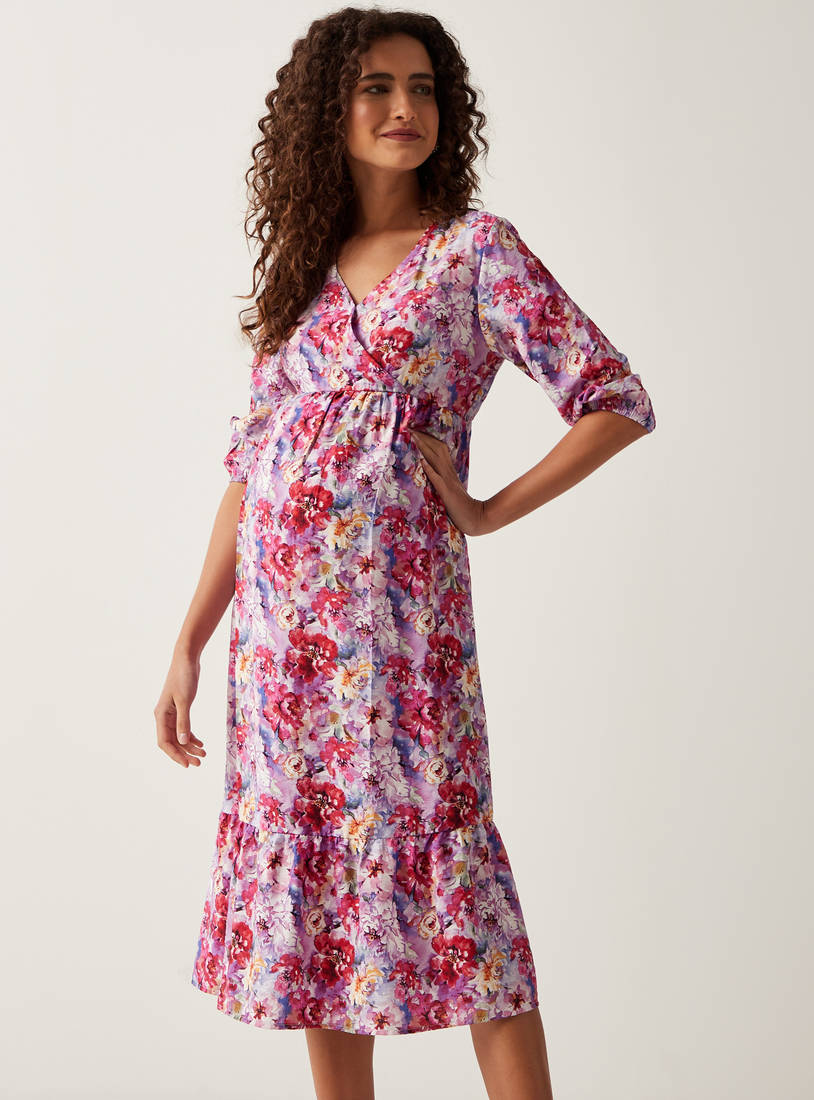Floral Print V-neck Midi Maternity Dress with 3/4 Sleeves-Midi-image-1