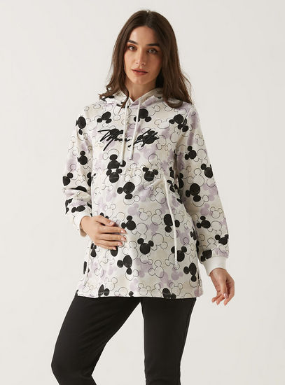 Mickey Mouse Print Maternity Sweatshirt with Hood and Long Sleeves