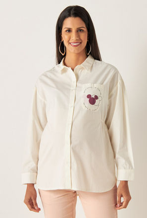 Minnie Mouse Print Poplin Maternity Shirt with Smocking Detail and Chest Pocket