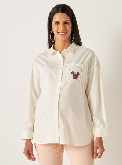 Minnie Mouse Print Poplin Maternity Shirt with Smocking Detail and Chest Pocket-Tops & T-shirts-image-0