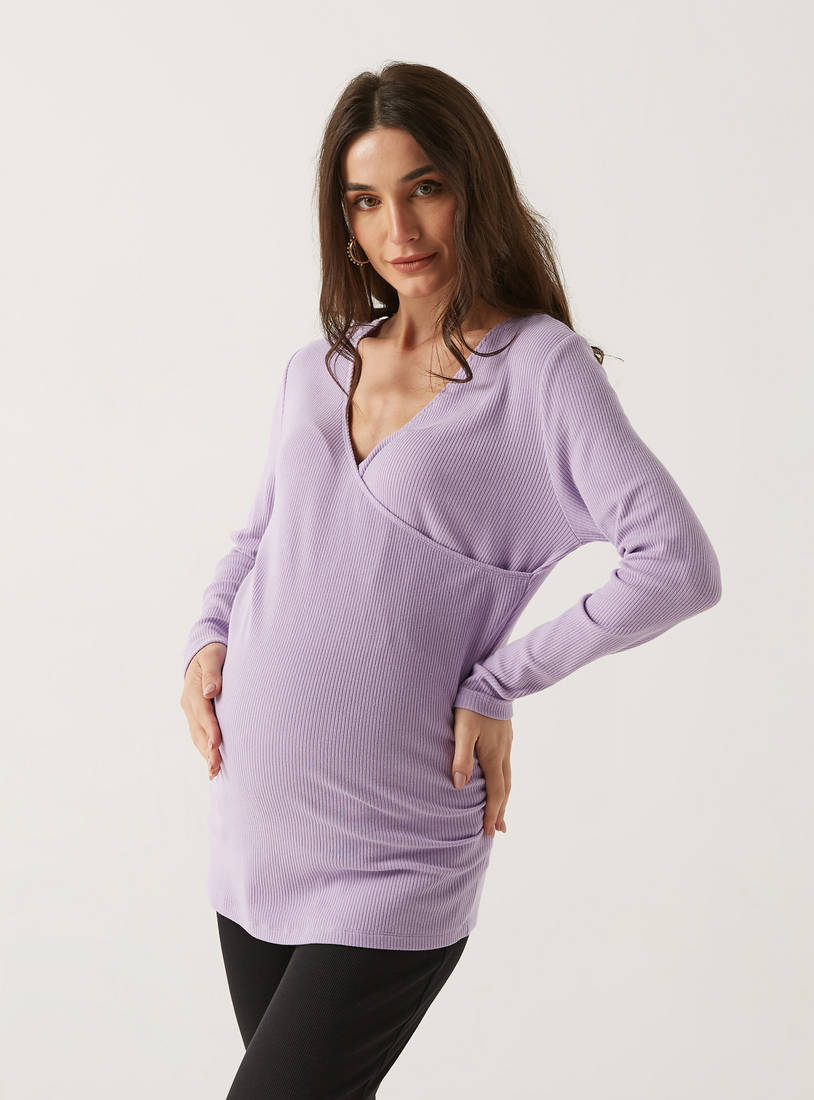 Ribbed Maternity Top with V-neck and Long Sleeves-Tops & T-shirts-image-0