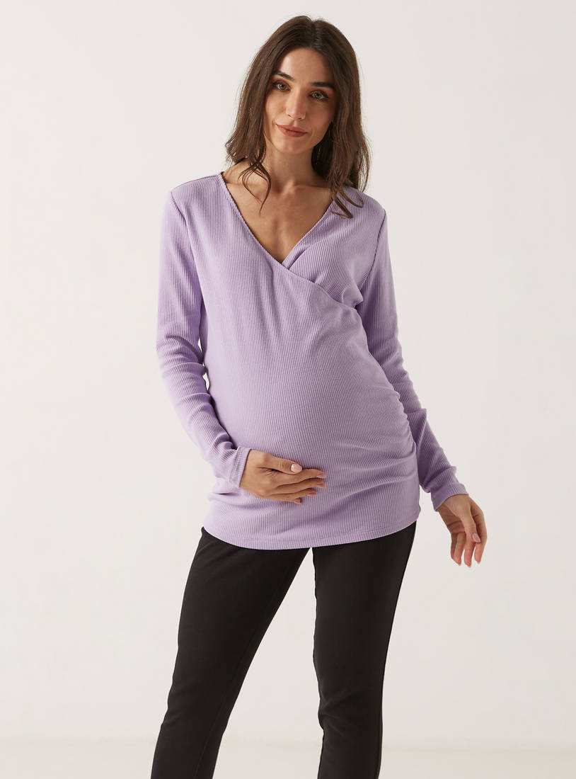 Ribbed Maternity Top with V-neck and Long Sleeves-Tops & T-shirts-image-1