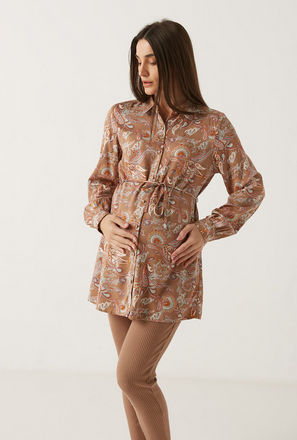 Paisley Print Maternity Shirt with Long Sleeves and Tie-Ups