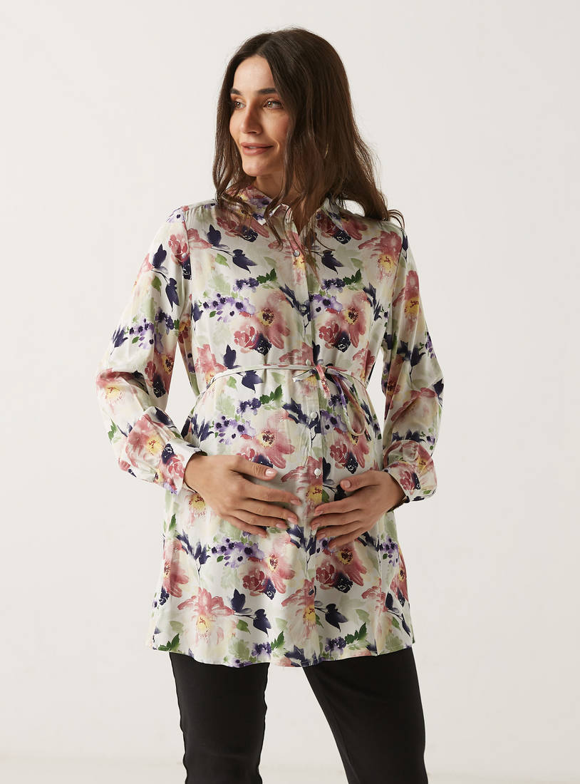 Floral Print Maternity Shirt with Long Sleeves and Tie-Ups-Tops & T-shirts-image-0