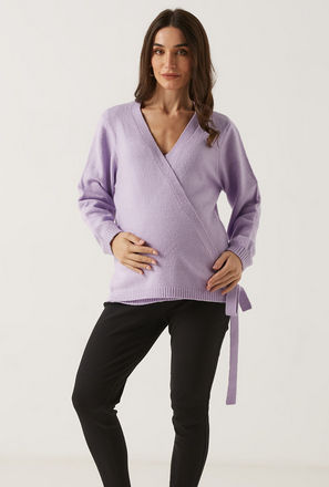 Solid Maternity Wrap Sweater with Long Sleeves and Tie-Up Detail