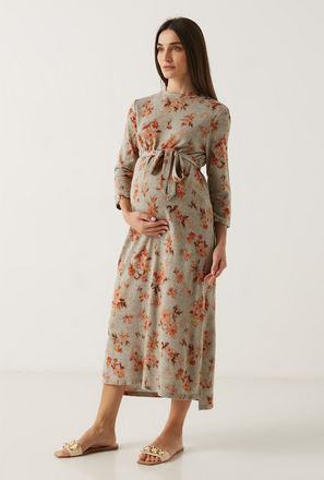 Floral Print Maternity Dress with Tie-Up Belt and Slit Detail