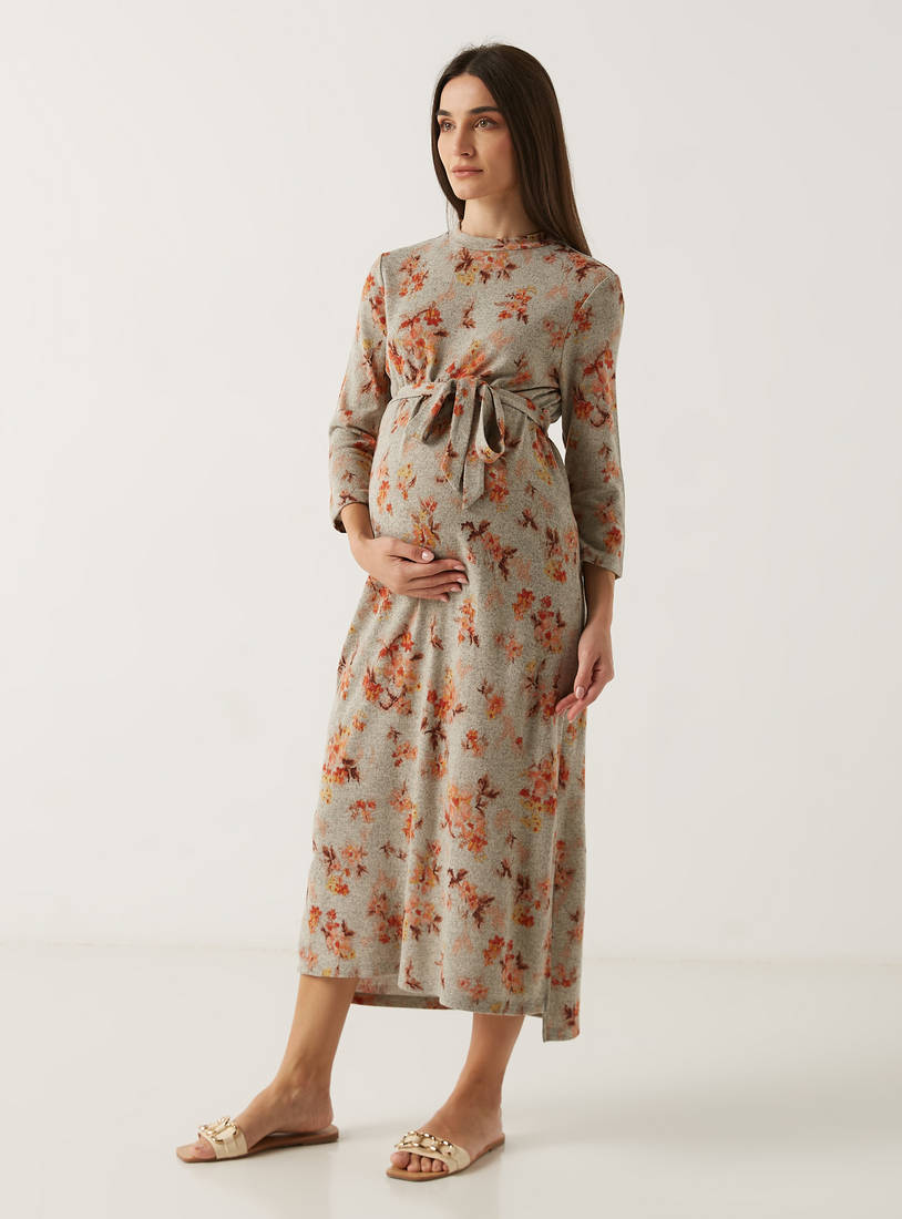 Floral Print Maternity Dress with Tie-Up Belt and Slit Detail-Midi-image-0