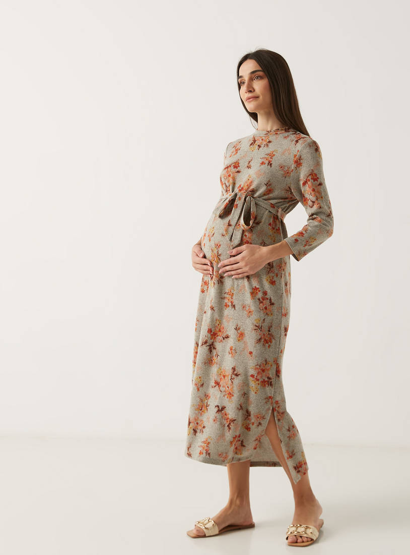 Floral Print Maternity Dress with Tie-Up Belt and Slit Detail-Midi-image-1