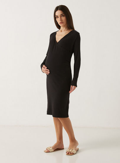 Ribbed Maternity Midi Dress with V-neck and Long Sleeves-Midi-image-0