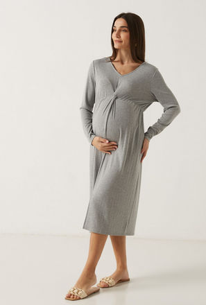 Solid Maternity Midi Dress with V-neck and Long Sleeves