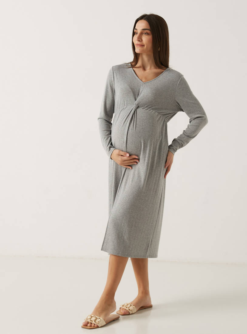 Solid Maternity Midi Dress with V-neck and Long Sleeves-Midi-image-0
