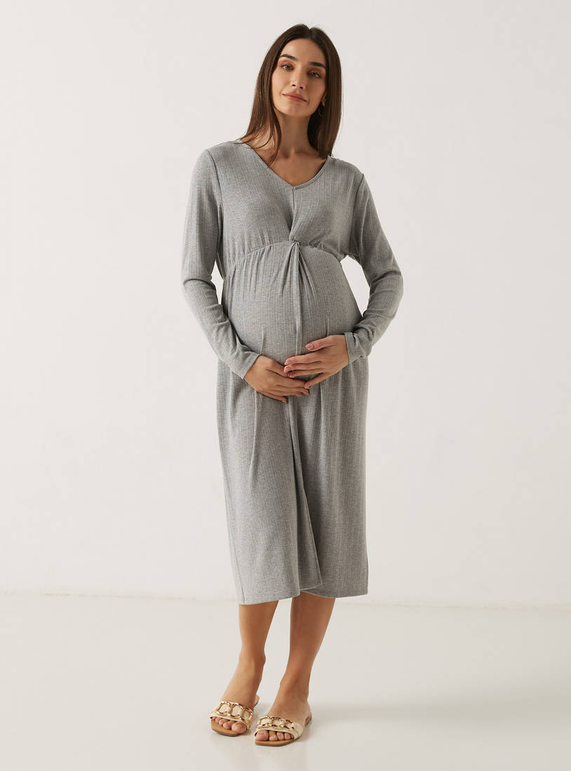 Solid Maternity Midi Dress with V-neck and Long Sleeves-Midi-image-1