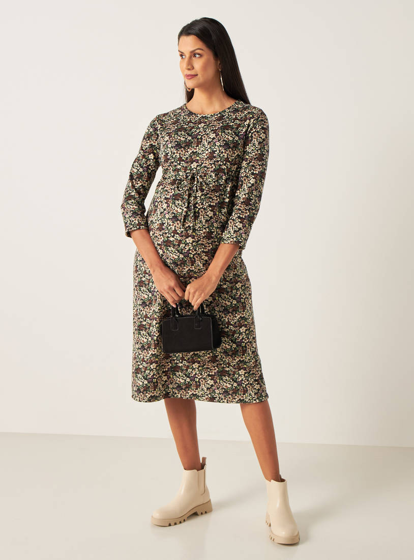 All-Over Floral Print Maternity Midi Dress with Tie-Ups and 3/4 Sleeves-Midi-image-0