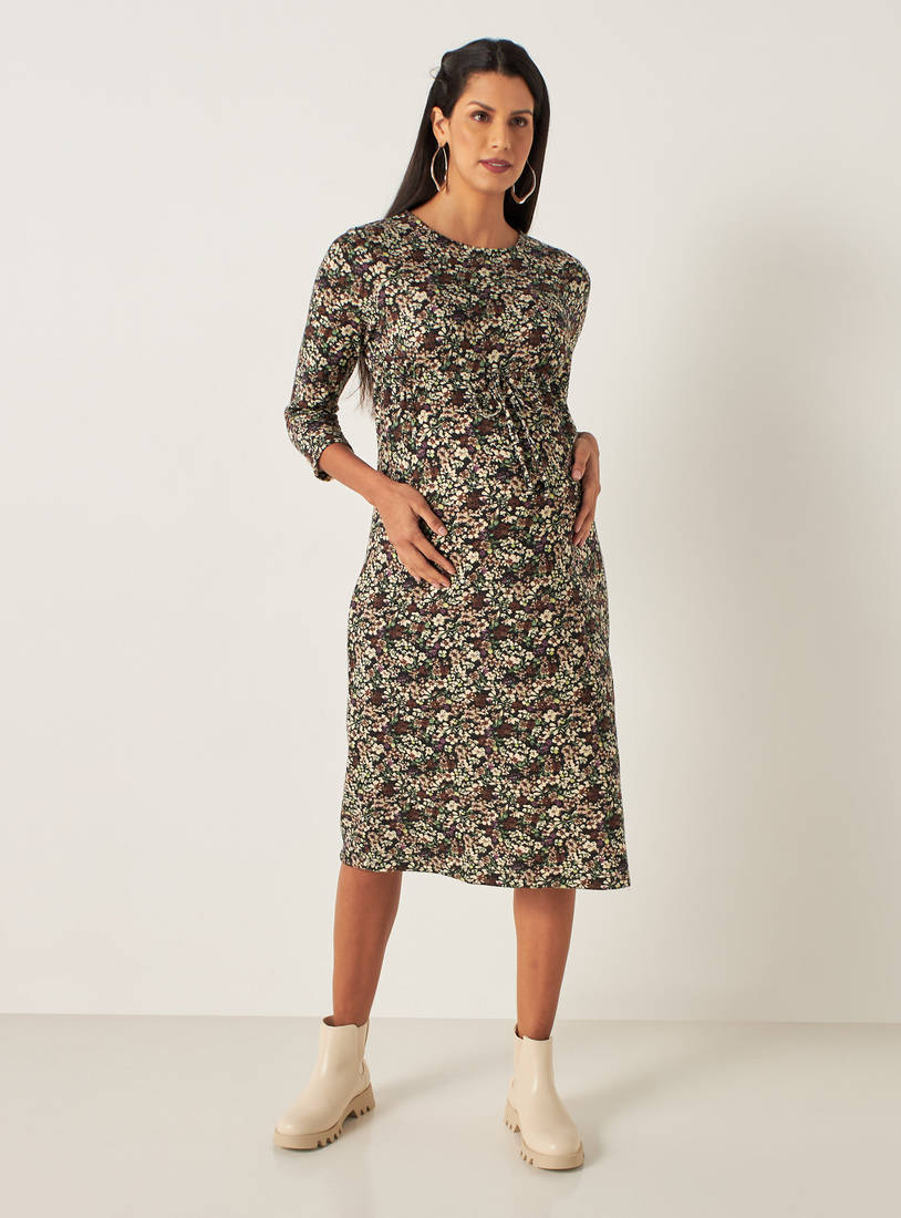 All-Over Floral Print Maternity Midi Dress with Tie-Ups and 3/4 Sleeves-Midi-image-1