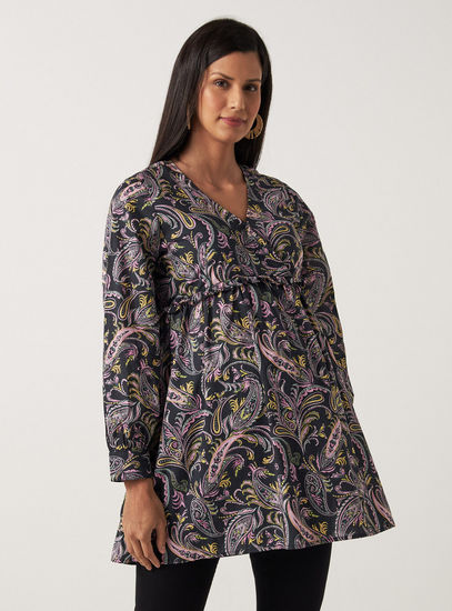 All Over Print Maternity Top with V-neck and Frill Detail-Tops & T-shirts-image-0
