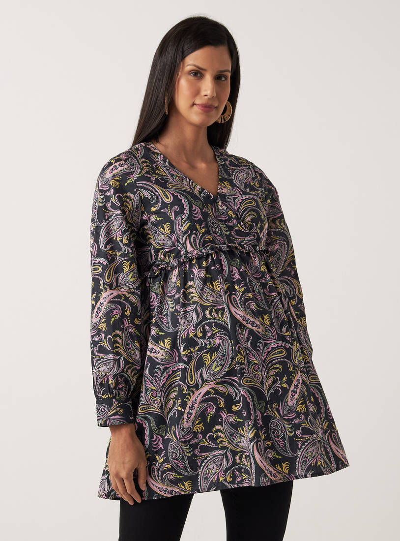 All Over Print Maternity Top with V-neck and Frill Detail-Tops & T-shirts-image-0
