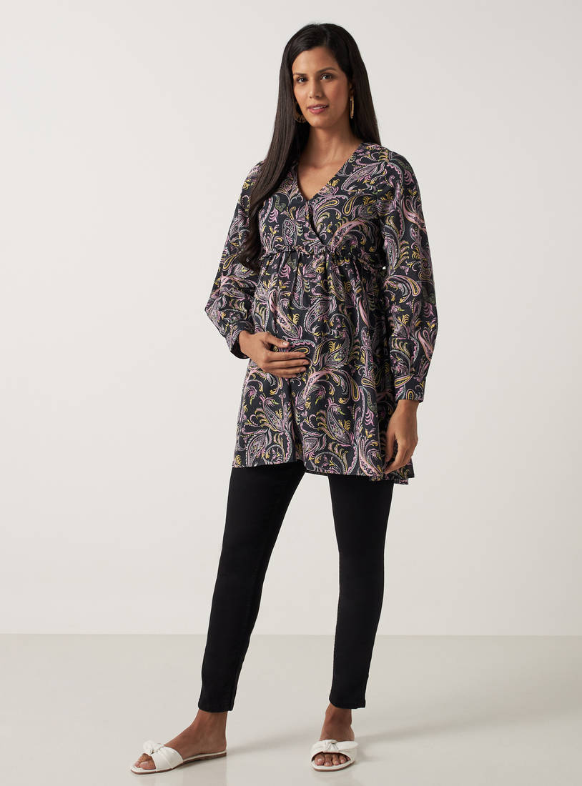 All Over Print Maternity Top with V-neck and Frill Detail-Tops & T-shirts-image-1