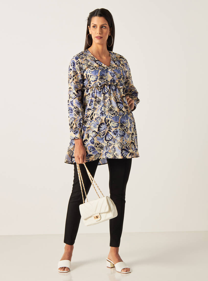 All Over Print Maternity Top with V-neck and Frill Detail-Tops & T-shirts-image-1