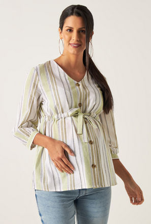 Striped V-neck Top with 3/4 Sleeves and Tie-Ups