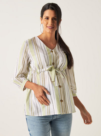 Striped V-neck Top with 3/4 Sleeves and Tie-Ups-Tops & T-shirts-image-0
