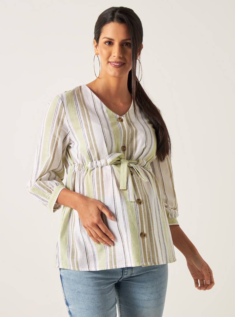 Striped V-neck Top with 3/4 Sleeves and Tie-Ups-Tops & T-shirts-image-0