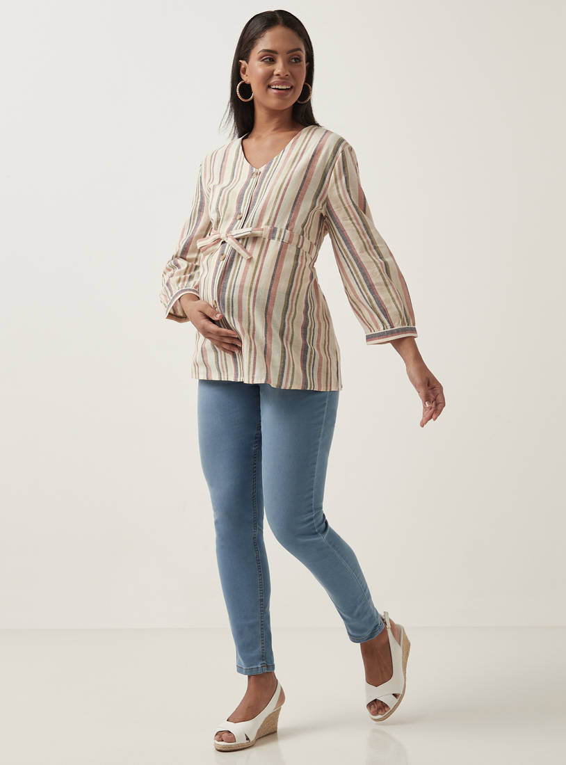 Striped V-neck Top with 3/4 Sleeves and Tie-Ups-Tops & T-shirts-image-1
