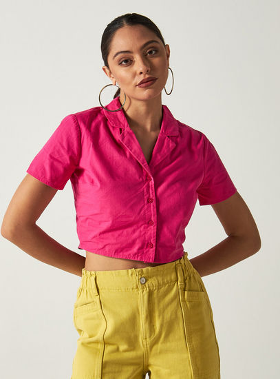 Solid Crop Shirt with Collar and Short Sleeves