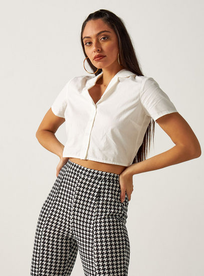 Solid Crop Shirt with Collar and Short Sleeves