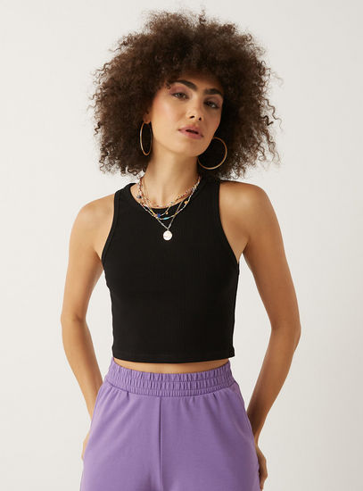 Ribbed Sleeveless Crop Top with Round Neck