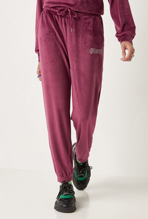 Solid Velvet Joggers with Drawstring Closure and Embroidery Detail