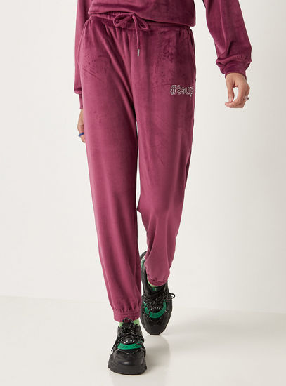 Solid Velvet Joggers with Drawstring Closure and Embroidery Detail-Joggers-image-0