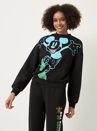Mickey Mouse Print High Neck Sweatshirt with Long Sleeves