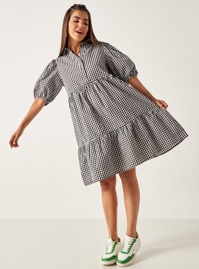 Checked Tiered Dress with Collar and Elbow Puff Sleeves