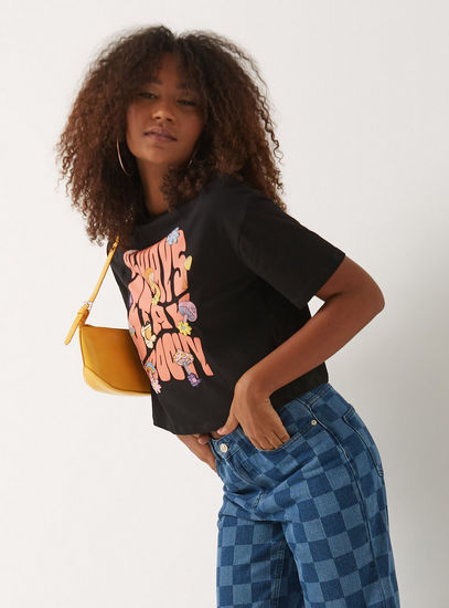 Printed Crop T-shirt with Crew Neck and Short Sleeves
