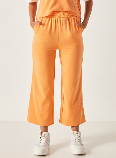 Solid Wide Leg Pants with Elasticated Waistband and Pockets