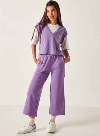 Solid Wide Leg Pants with Elasticated Waistband and Pockets