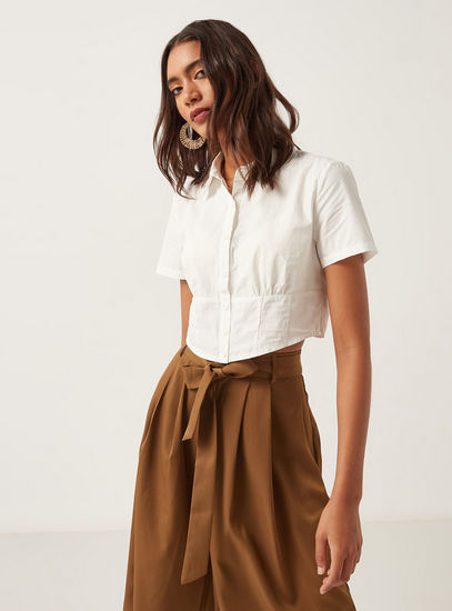 Solid Corset Shirt with Spread Collar and Short Sleeves