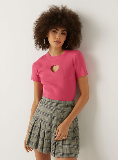Ribbed T-Shirt with Heart Cutout Detail and Short Sleeves